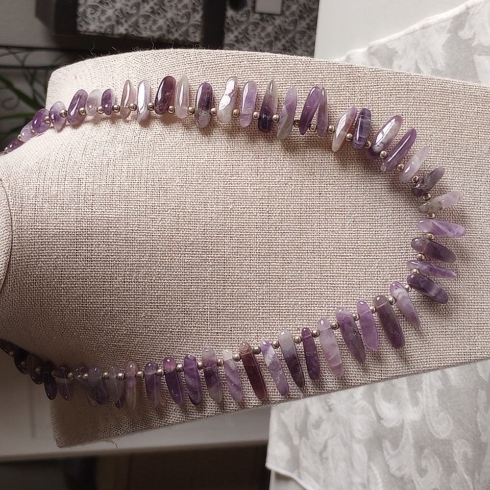 Silver Bead And Amethyst Quartz  Enlongated Graduated Bead necklace